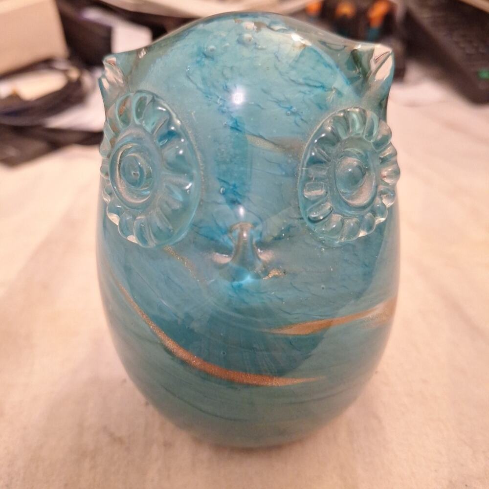 Art Glass Owl Hand Blown Feathered Paperweight Hollow Inside